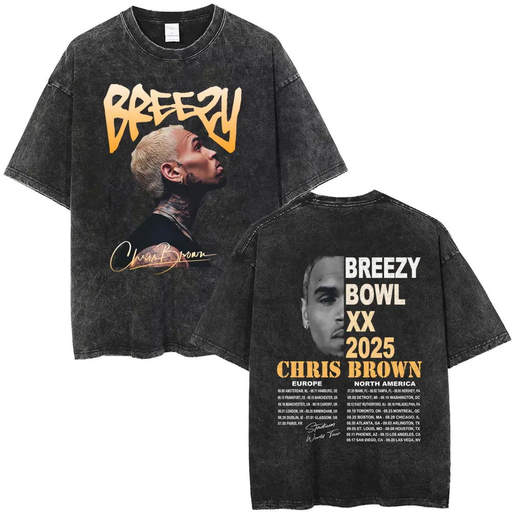 Vintage Washed Chris Brown Graphic T-shirt Breezy Bowl XX Tour 2025 Merch T Shirts Men Women Hip Hop Fashion Oversized T-shirts