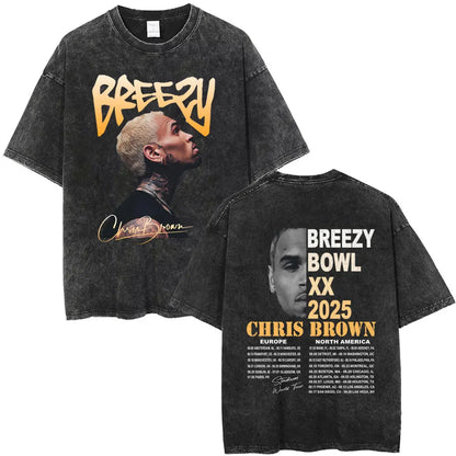 Vintage Washed Chris Brown Graphic T-shirt Breezy Bowl XX Tour 2025 Merch T Shirts Men Women Hip Hop Fashion Oversized T-shirts