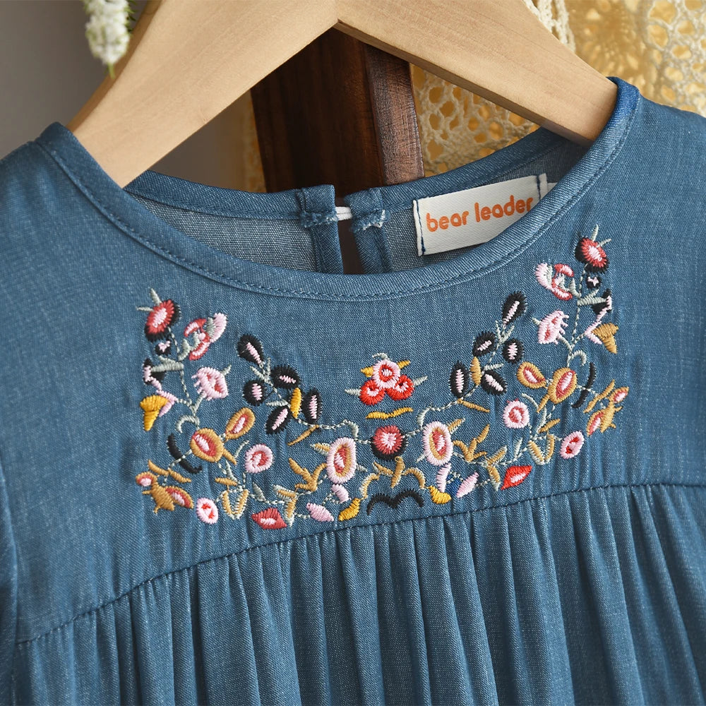 Bear Leader Korean Version Long Sleeve Blue Girls dresses on clearance sale Autumn Imitation Denim Flower Embroidery Dress
