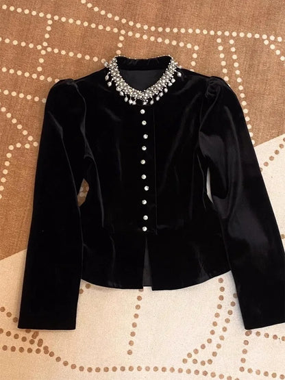 Blouses for Women Black Heavy Beading O-neck Puff Sleeve Shirts 2025 Blusas Mujer De Moda Slim Fit Velvet Vintage Blouse Tops