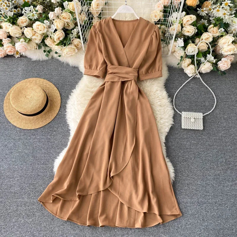 Women's Dress Spring New Temperament V-neck Solid Color Bubble Short-sleeved Irregular Ruffle Edge Lacing Dress Leisure Vestidos