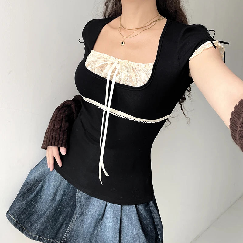 Y2k Lace Trim Crop Top Bow Cute Sweet Square Neck Tee Short Sleeve Harajuku Casual T Shirt Women Prepply Retro Korean Top Summer