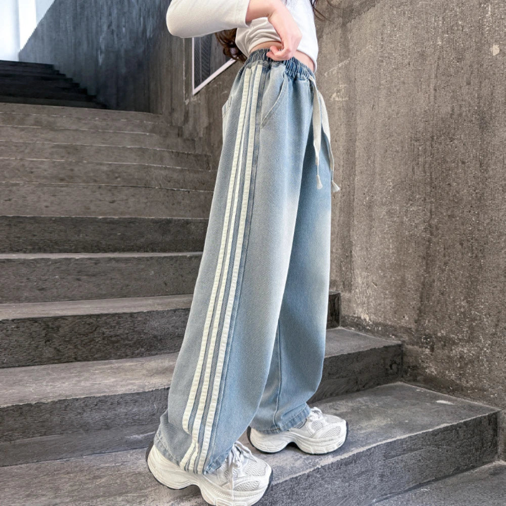 Girls' striped Jeans Spring Children's Fashionable wide leg pants Korean version Autumn medium and large Kids versatile Pants