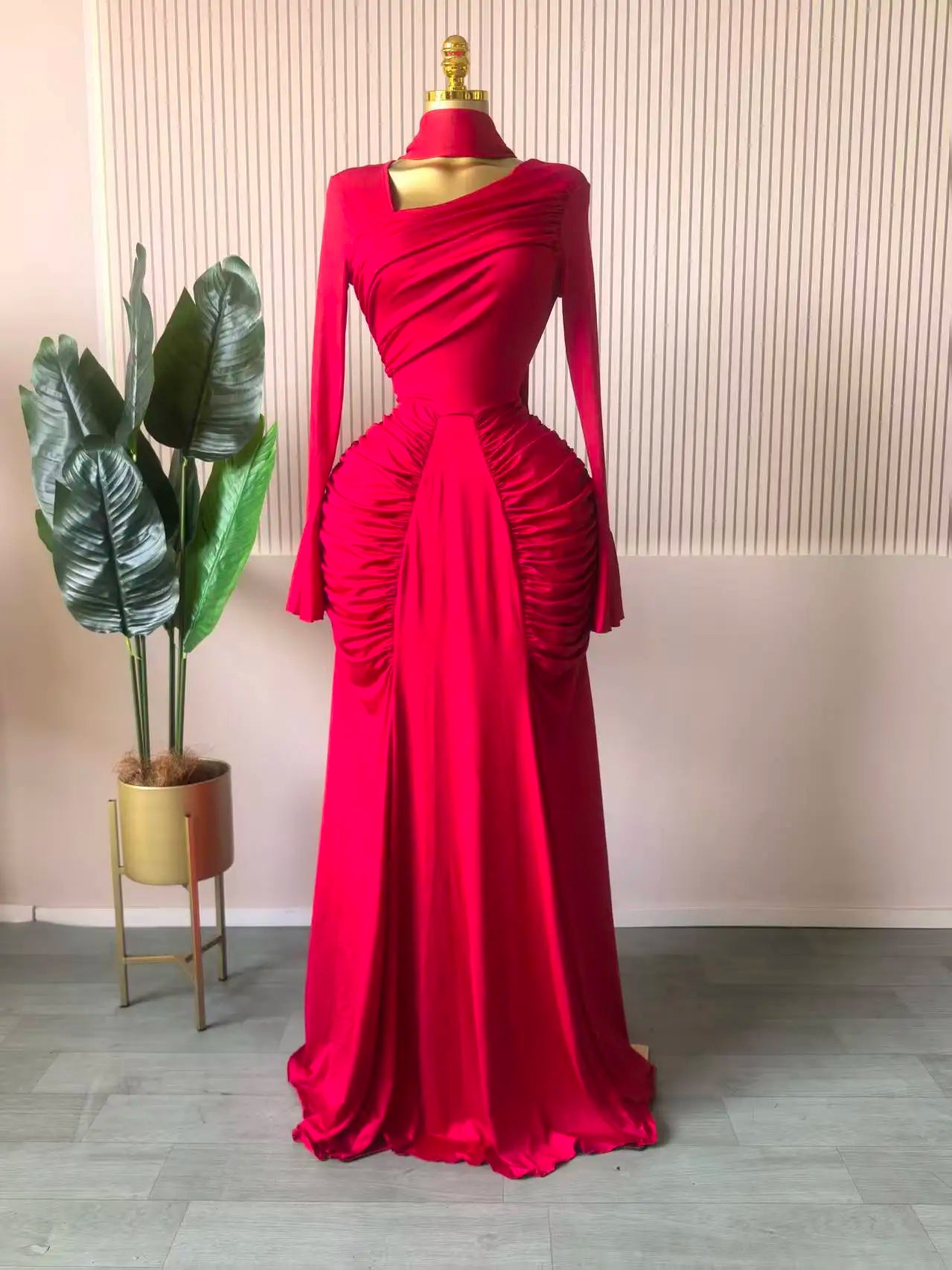 CM.YAYA Women Skew Neck Flare Long Sleeve Ruched Stacked Maxi Long Dress Fall Birthday Evening Sexy Party Dresses with Scarf