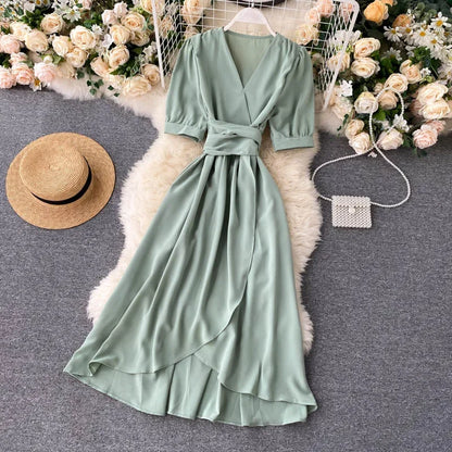 Women's Dress Spring New Temperament V-neck Solid Color Bubble Short-sleeved Irregular Ruffle Edge Lacing Dress Leisure Vestidos