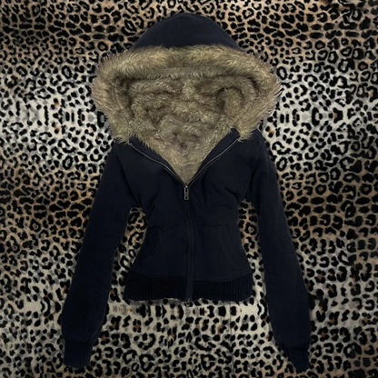 Y2K Harajuku Gothic Women's Hoodie Sexy Slim Chic Suede Fur Collar Letter Print Cardigan Sweatshirt Aesthetic Female Streetwear