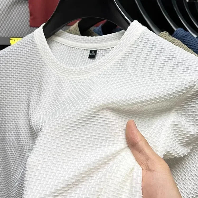 Men's Short Sleeve Mesh Bamboo Ice Silk T-shirt Casual Versatile Summer Elastic Slimming Top for Men 2029