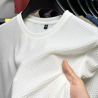 Men's Short Sleeve Mesh Bamboo Ice Silk T-shirt Casual Versatile Summer Elastic Slimming Top for Men 2029