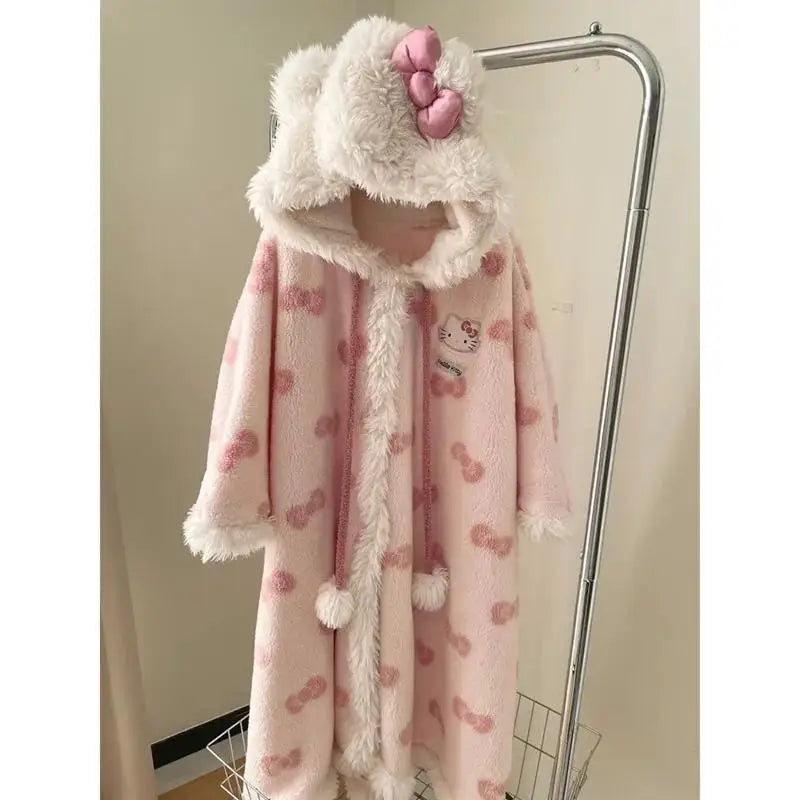 Miniso Kawaii Hellokitty Plush Robes Girls Cute Sanrio Anime Y2K Pajamas Hooded Blanket Casual Fleece Sleepwear Women Clothing
