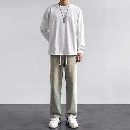 Korean Solid Colors Men's Casual Long Jeans Classic Man Four Seasons Straight Denim Wide-leg Pants Light Blue Grey Black S-3XL