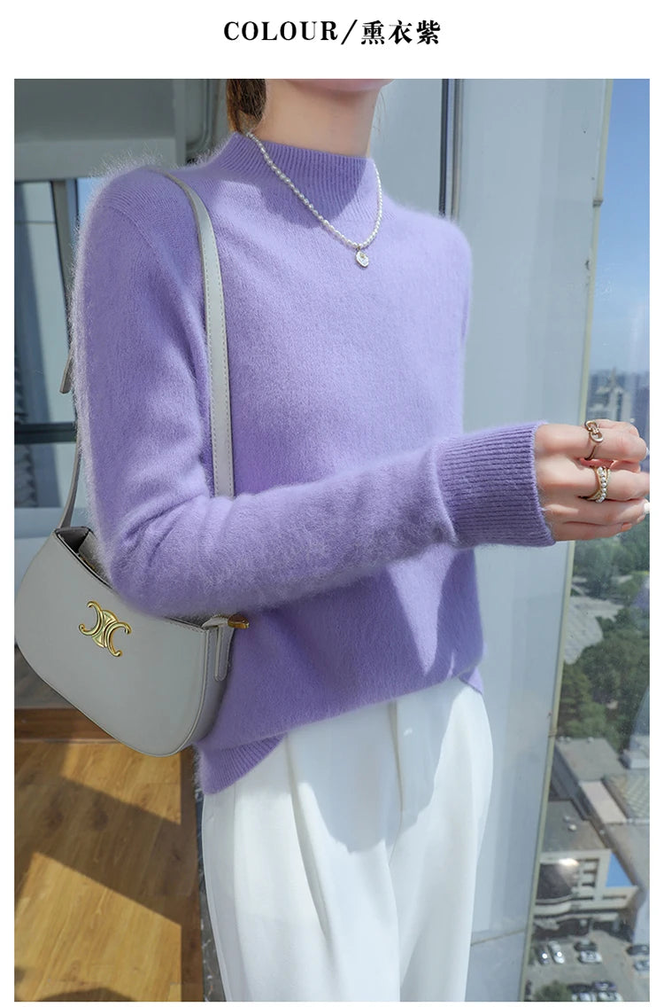 100% Pure Mink Cashmere Knitted Sweater Women's Semi-High Neck Loose Pullovers Casual Joker Warm Bottoming Shirt Autumn Blouse