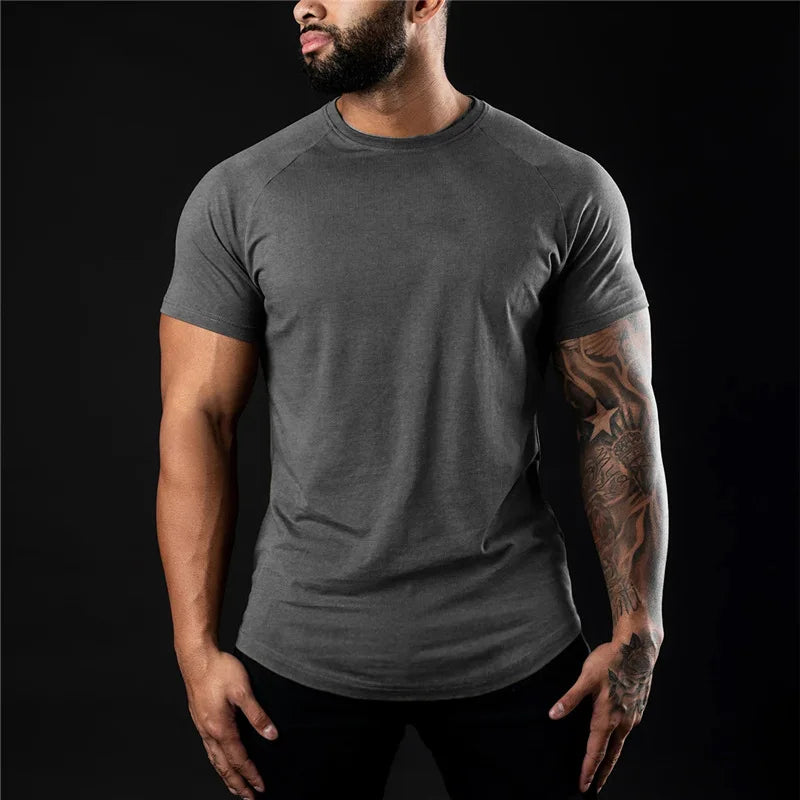 Men Cotton Gym t-Shirt Short Sleeve t-Shirts Male Round Neck Casual Tops Slim Fit t Shirt Breathable Soild Tee Shirt Man Clothes