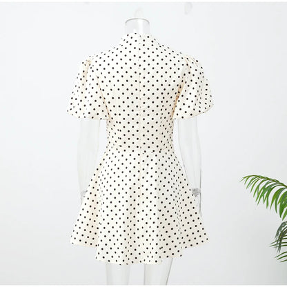 Retro Polka Dot Mini A-line Dress Elegant Stand Collar Puff Short Sleeve Waist-cinching Dresses 2026 New Lady Party Gowns