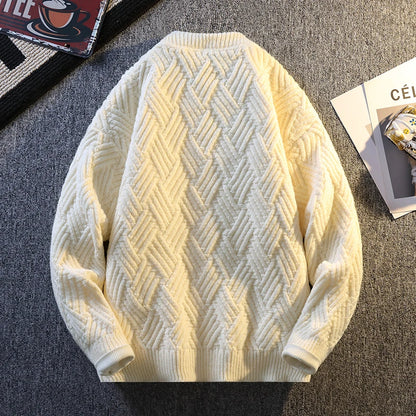 Knit Sweater Men Cable Pullover New Autumn Winter Diamond Pattern Loose Fit Solid Fashion Casual Streetwear Crew Neck Sweaters