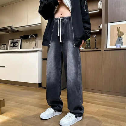 Trendy Black Straight Leg Jeans Men's Autumn Winter Loose Fit High Street Wide Leg Pants Casual Style plus Size Jeans