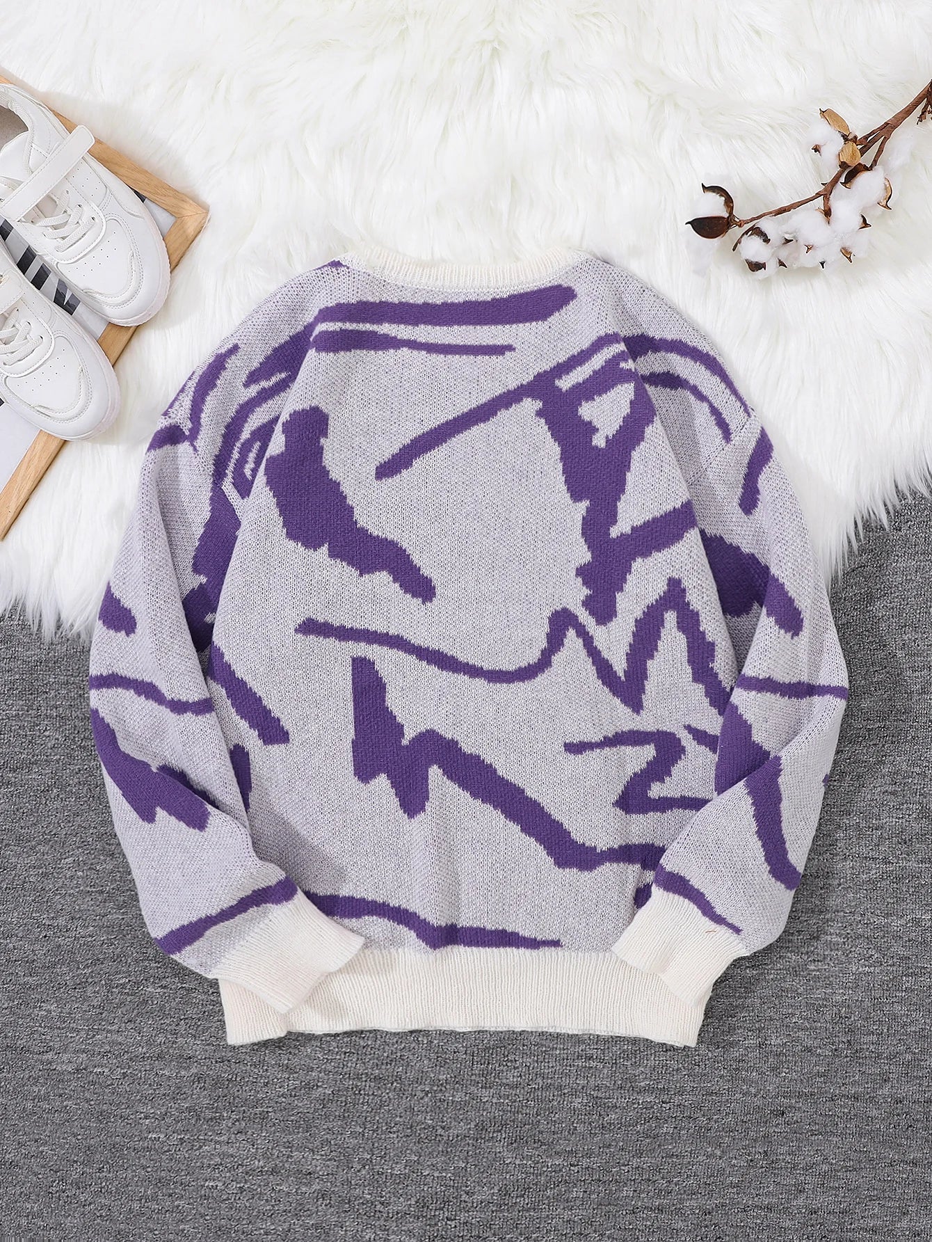 New Popular Spring Autumn Graffiti Jacquard Pattern Pullover Sweater Casual Round Neck Contrast Color Knitted Men's Pullover