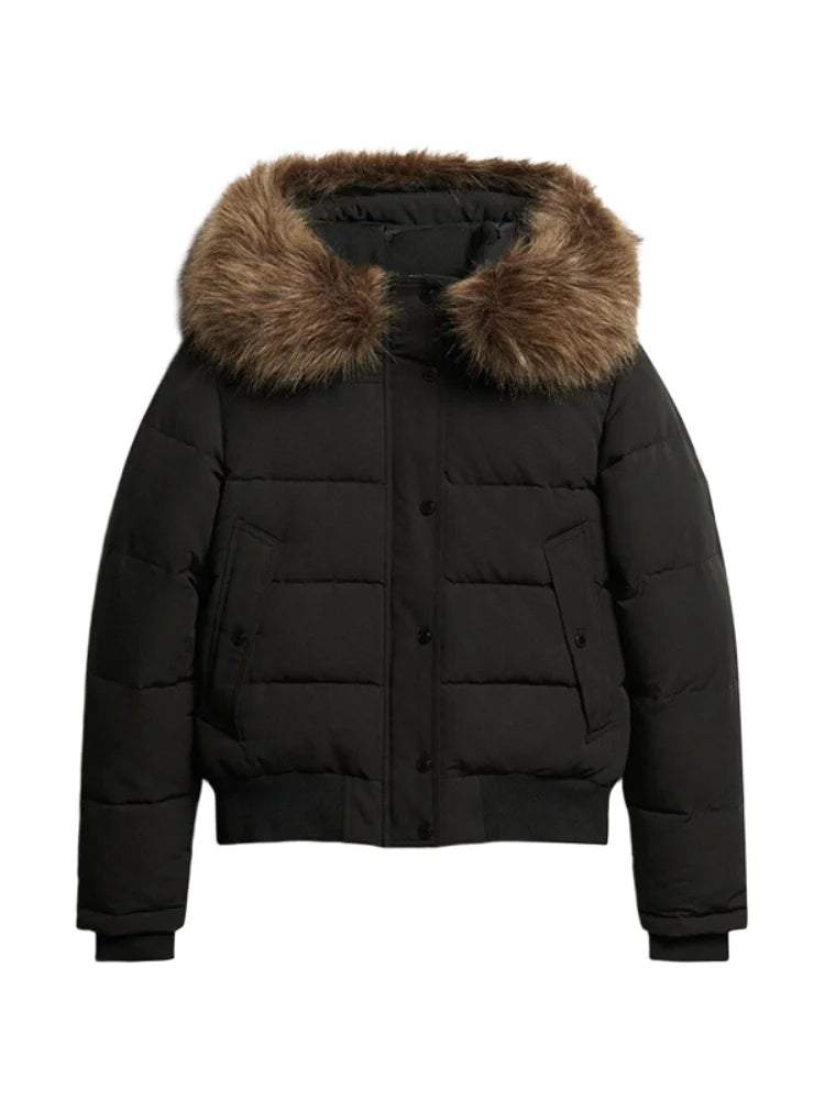 Hooded Faux Fur Collar Padded Coat Women Elegant Lantern Full Sleeve Single Breasted Pocket Ruched Winter Coats Chic Outerwears