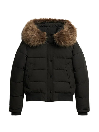Hooded Faux Fur Collar Padded Coat Women Elegant Lantern Full Sleeve Single Breasted Pocket Ruched Winter Coats Chic Outerwears