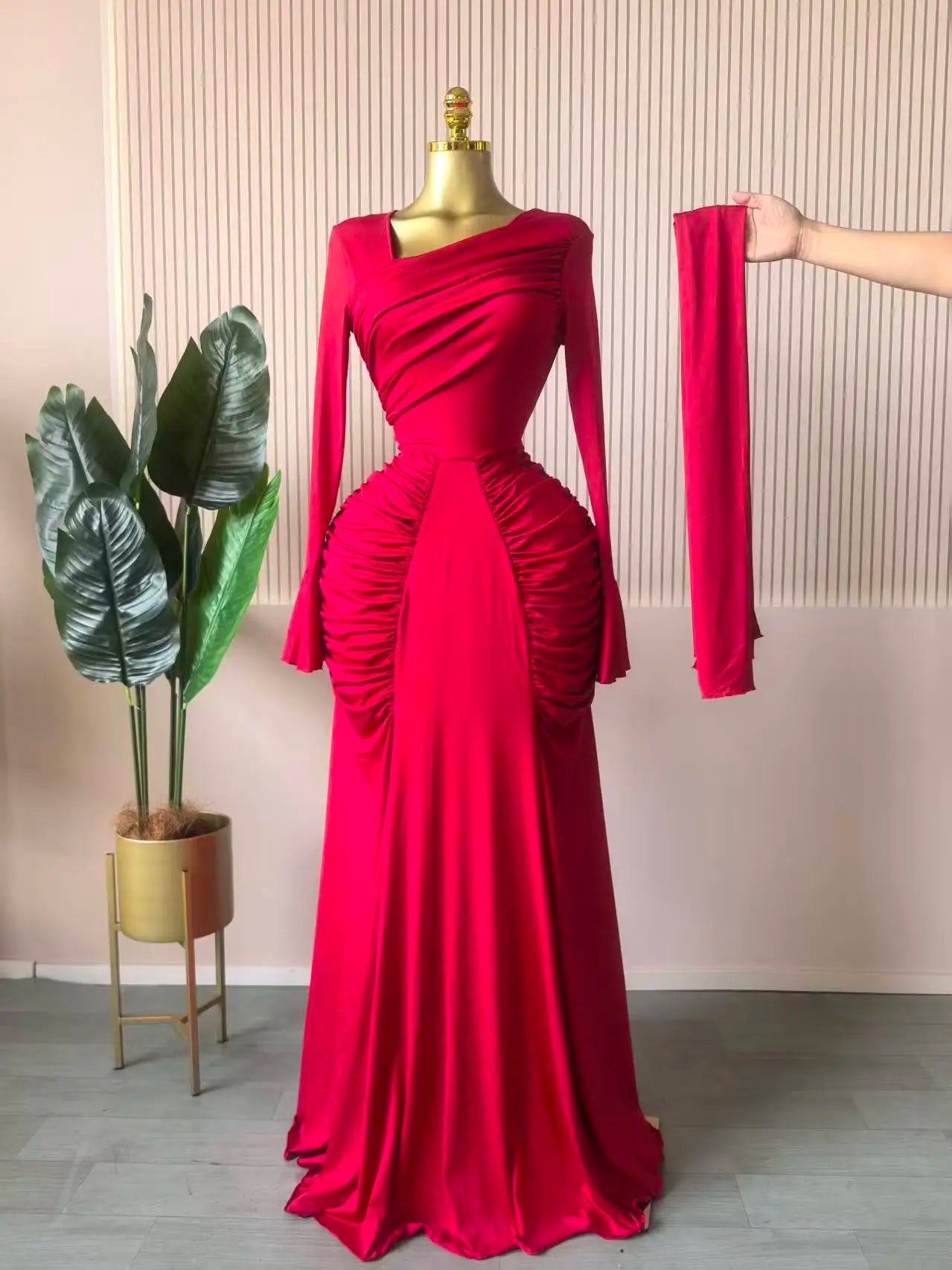CM.YAYA Women Skew Neck Flare Long Sleeve Ruched Stacked Maxi Long Dress Fall Birthday Evening Sexy Party Dresses with Scarf