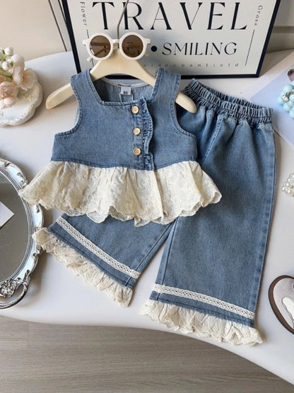 TZ2565/CS2567 Spring and Autumn Girls' Sleeveless Cowboy vest Set with Solid Color Lace Shirt Fashion New Product