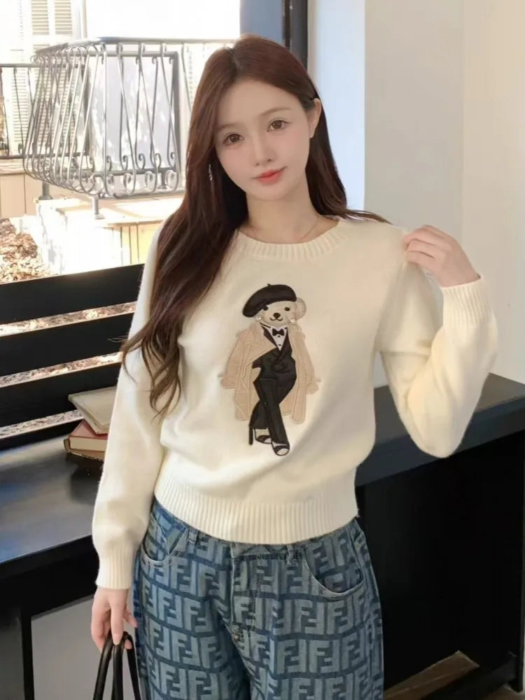 New Arrival European Elegant Bear Design Ladies Knit Sweater Pullover Knitted Tops Knitwear Women Clothes Jumper