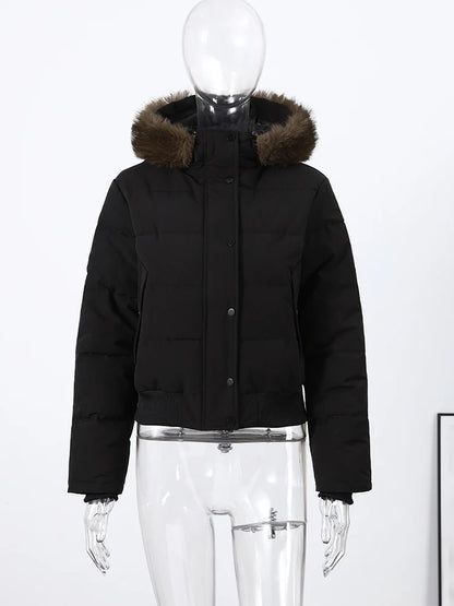 Hooded Faux Fur Collar Padded Coat Women Elegant Lantern Full Sleeve Single Breasted Pocket Ruched Winter Coats Chic Outerwears
