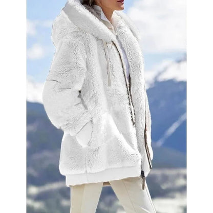 New Autumn/Winter Loose Plush Zipper Hooded Coat for Women