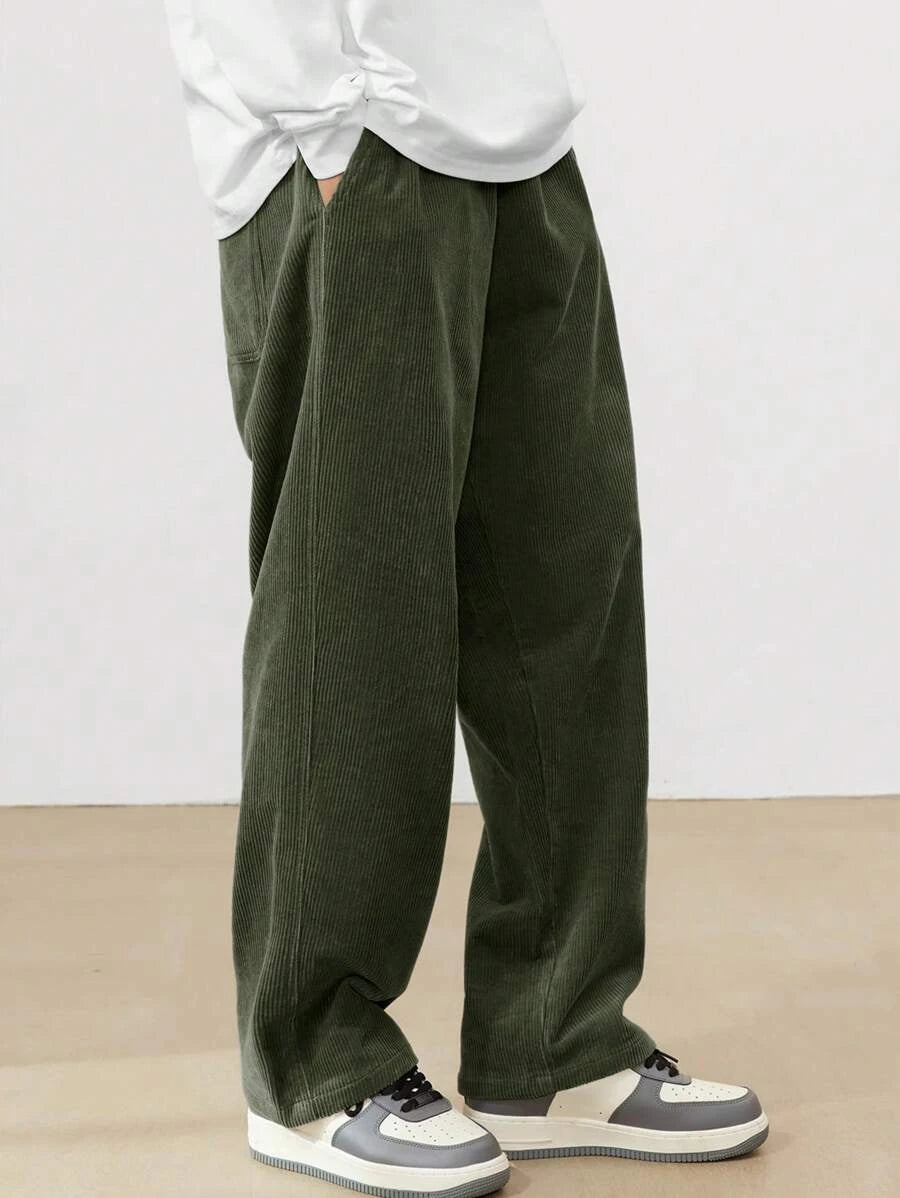 Men's Corduroy Straight Leg Casual Pants Drawstring Elastic Waist Outdoor Streetwear Winter Warm Autumn Sport Thermal Trousers