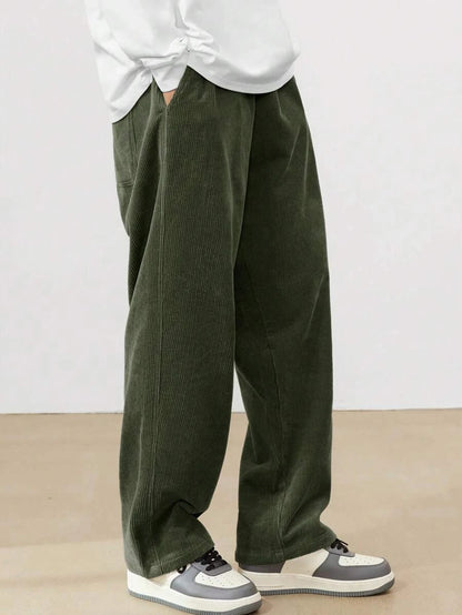 Men's Corduroy Straight Leg Casual Pants Drawstring Elastic Waist Outdoor Streetwear Winter Warm Autumn Sport Thermal Trousers