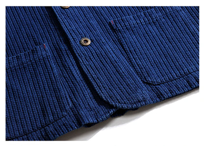 Indigo Cargo Jacket Men Vintage Heavy Weight Cotton Blue Dyed Workwear Tooling Jacket French Retro Multi-pocket Cardigan Coat