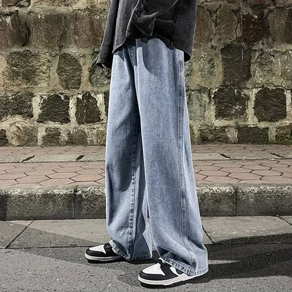 New Streetwear Loose Jeans Men Korean Style Fashion Loose Straight Wide Leg Pants Men's Brand Clothing Black Light Blue