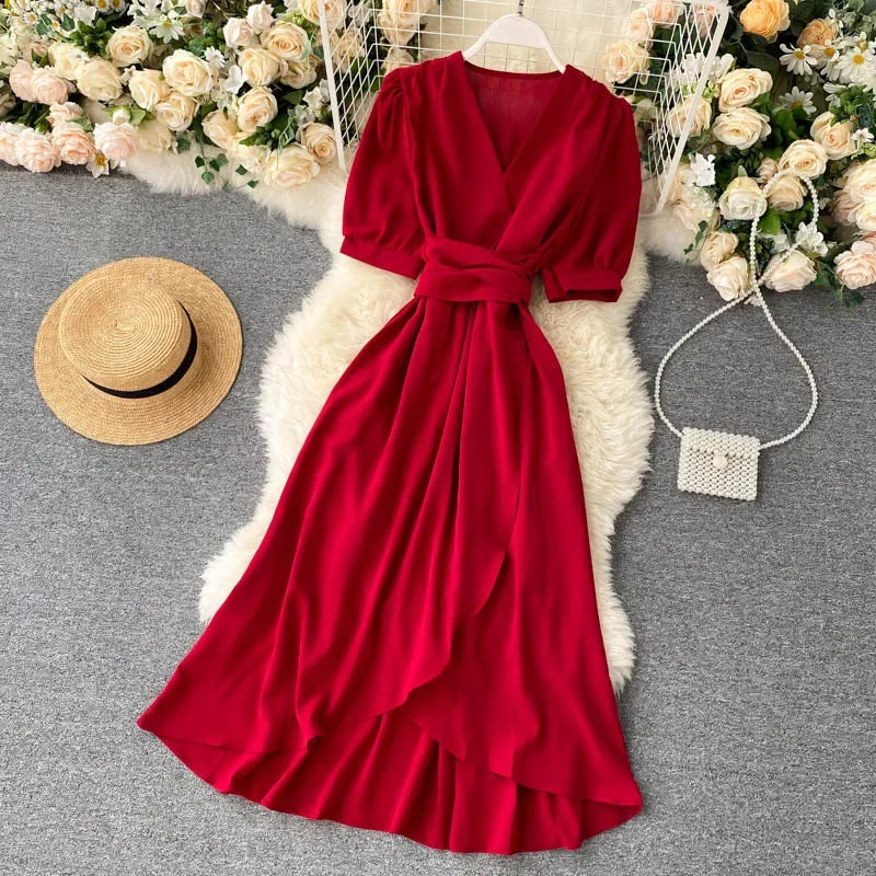 Women's Dress Spring New Temperament V-neck Solid Color Bubble Short-sleeved Irregular Ruffle Edge Lacing Dress Leisure Vestidos