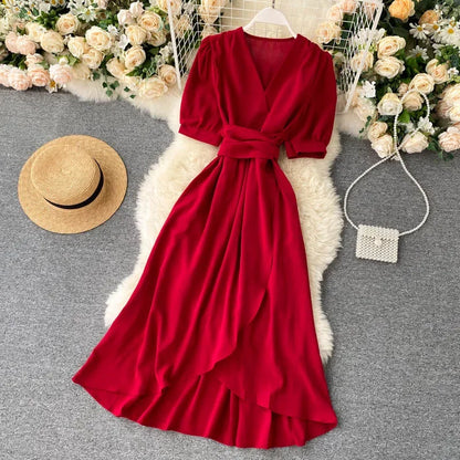 Women's Dress Spring New Temperament V-neck Solid Color Bubble Short-sleeved Irregular Ruffle Edge Lacing Dress Leisure Vestidos