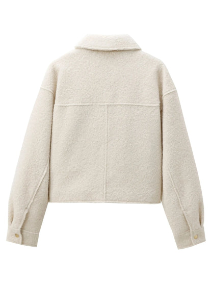 XNWMNZ 2024 Women's Fashion Autumn/Winter crop jacket Women Retro lapel neck long sleeve flaps patch pockets zipper female coat