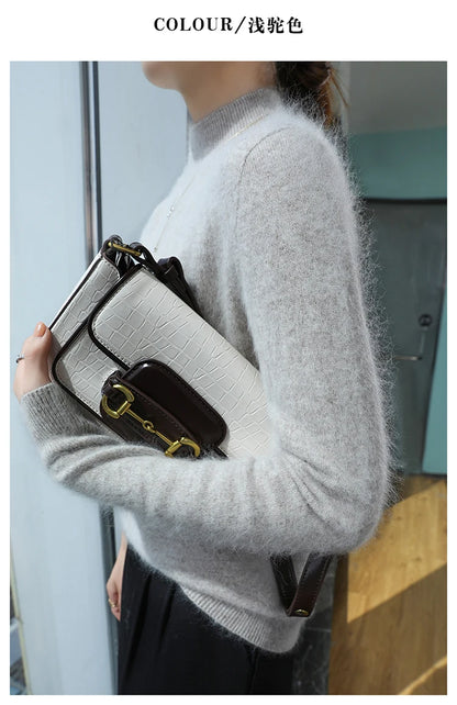 100% Pure Mink Cashmere Knitted Sweater Women's Semi-High Neck Loose Pullovers Casual Joker Warm Bottoming Shirt Autumn Blouse