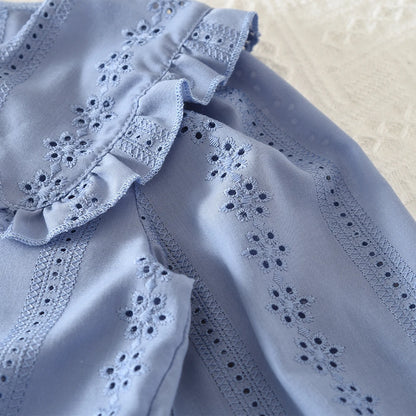 Bear Leader Blue Embroidered Flower Kids Clothes Girls Autumn Long Sleeved Lapel Single Breasted Shirt Top+Short Skirt 2Pcs Set