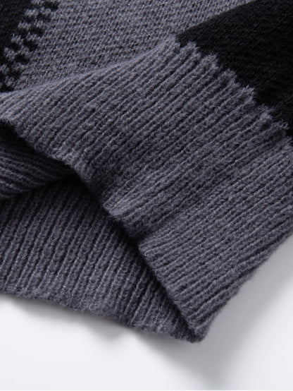 Retro Trendy Plaid Jacquard Pattern Pullover Sweater Casual Round Neck Color-Block Knit Men's Pullover