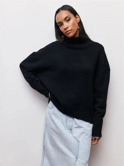 Original Light Luxury O-neck Knit Sweater Autumn And Winter Women's Elegant Loose Mock Neck Solid Color Warm Outerwear Sweater