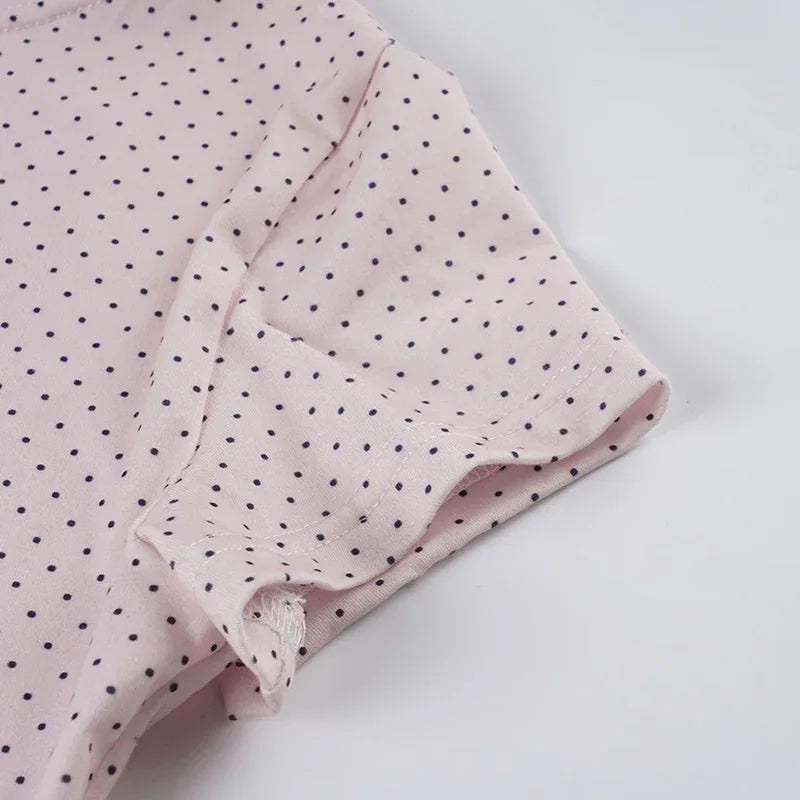 Fashion Polka Dot Prints Slim Fit Folds Women T-Shirts Sweet Cute Chic Design One-Shoulder Summer Shirts