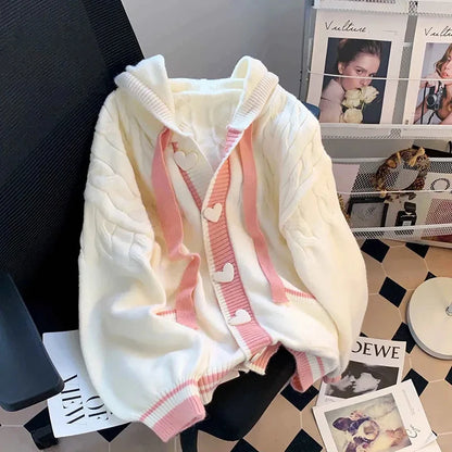 Cute Sweet Cardigan Sweaters Women Lazy Wind White Knitted Coats Long Sleeve Loose Female Japan Kawaii Elegant Hooded Tops