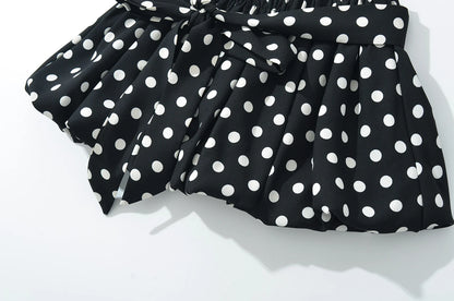 2025 Sexy Black White Polka Dot Halter Tank Top + Tie Bow Sashes Elastic Waist Ruched Ball Gown BUD Mini Skirt 2 Pieces 1 Set