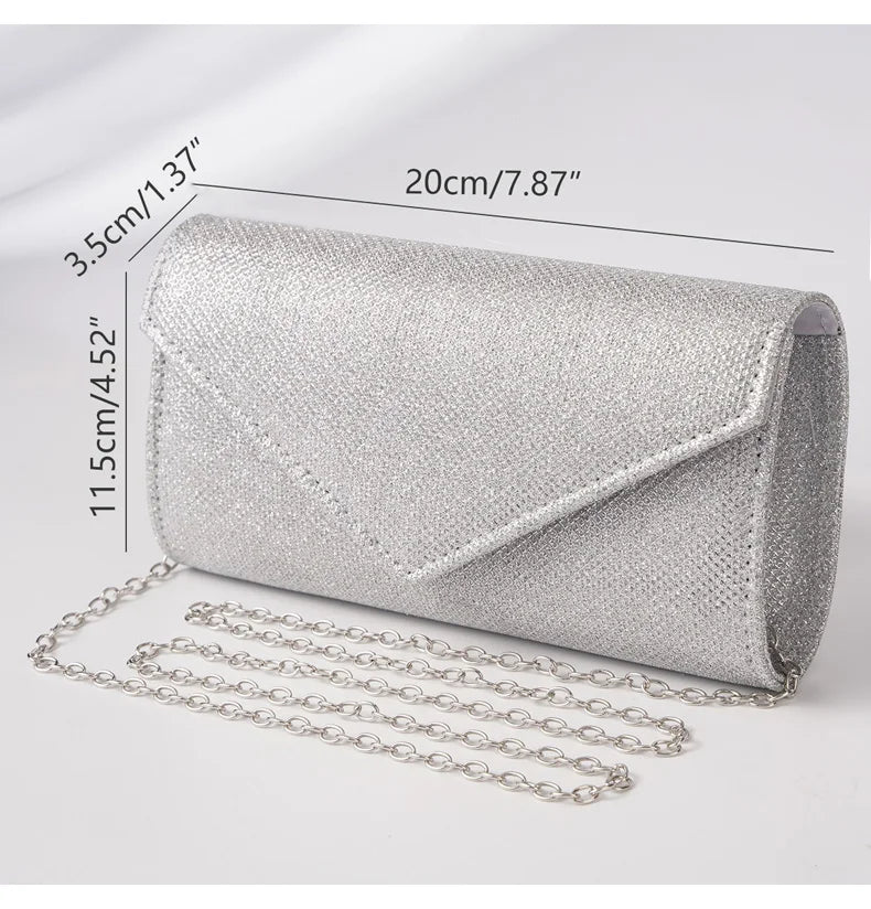 Glitter Envelope Handbag Women Silver Shiny Chain Shoulder Bag Ladies Mini Crossbody Flap Fashion Small Dress Day Clutch