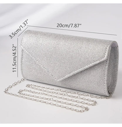 Glitter Envelope Handbag Women Silver Shiny Chain Shoulder Bag Ladies Mini Crossbody Flap Fashion Small Dress Day Clutch