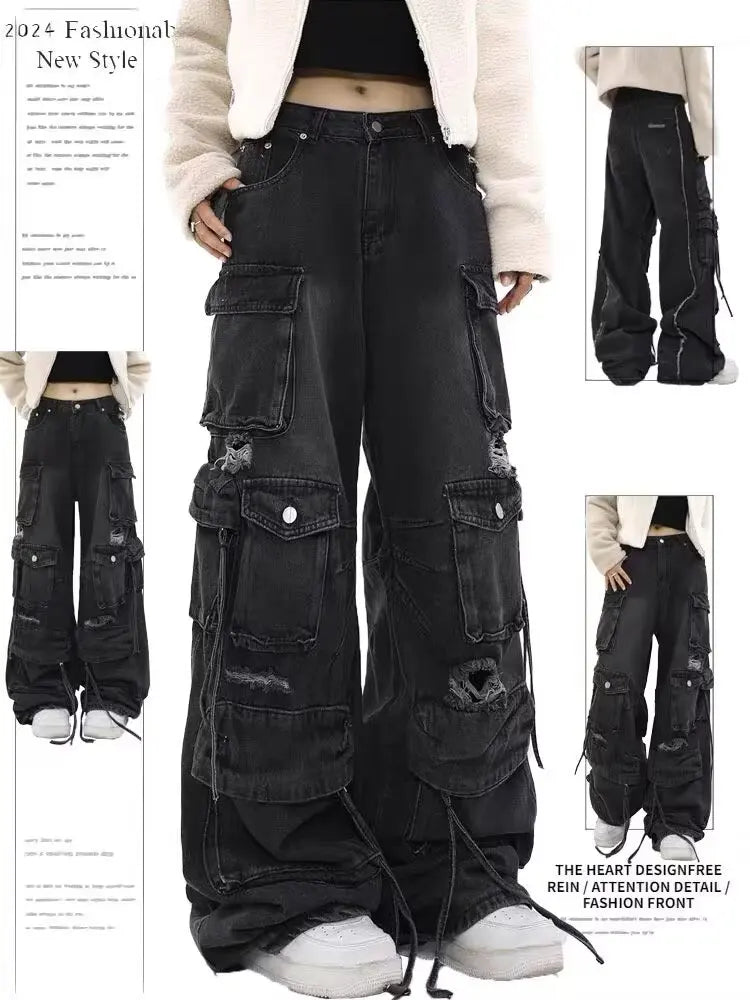 Women Y2k American Retro Mutil Pockets Cargo Jeans 90s Vintage 2000s Jean Pants Trashy Clothes 2025 Black Baggy Cargo Jeans