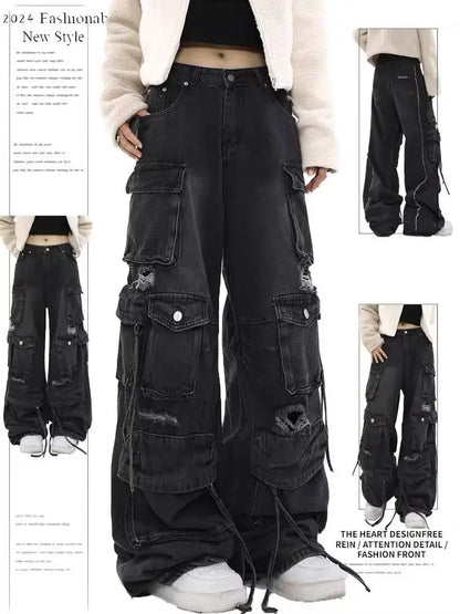 Women Y2k American Retro Mutil Pockets Cargo Jeans 90s Vintage 2000s Jean Pants Trashy Clothes 2025 Black Baggy Cargo Jeans