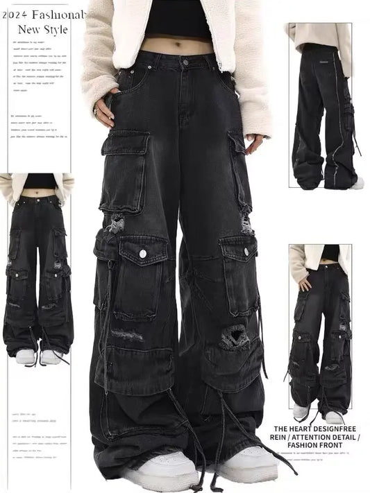 Women Y2k American Retro Mutil Pockets Cargo Jeans 90s Vintage 2000s Jean Pants Trashy Clothes 2025 Black Baggy Cargo Jeans