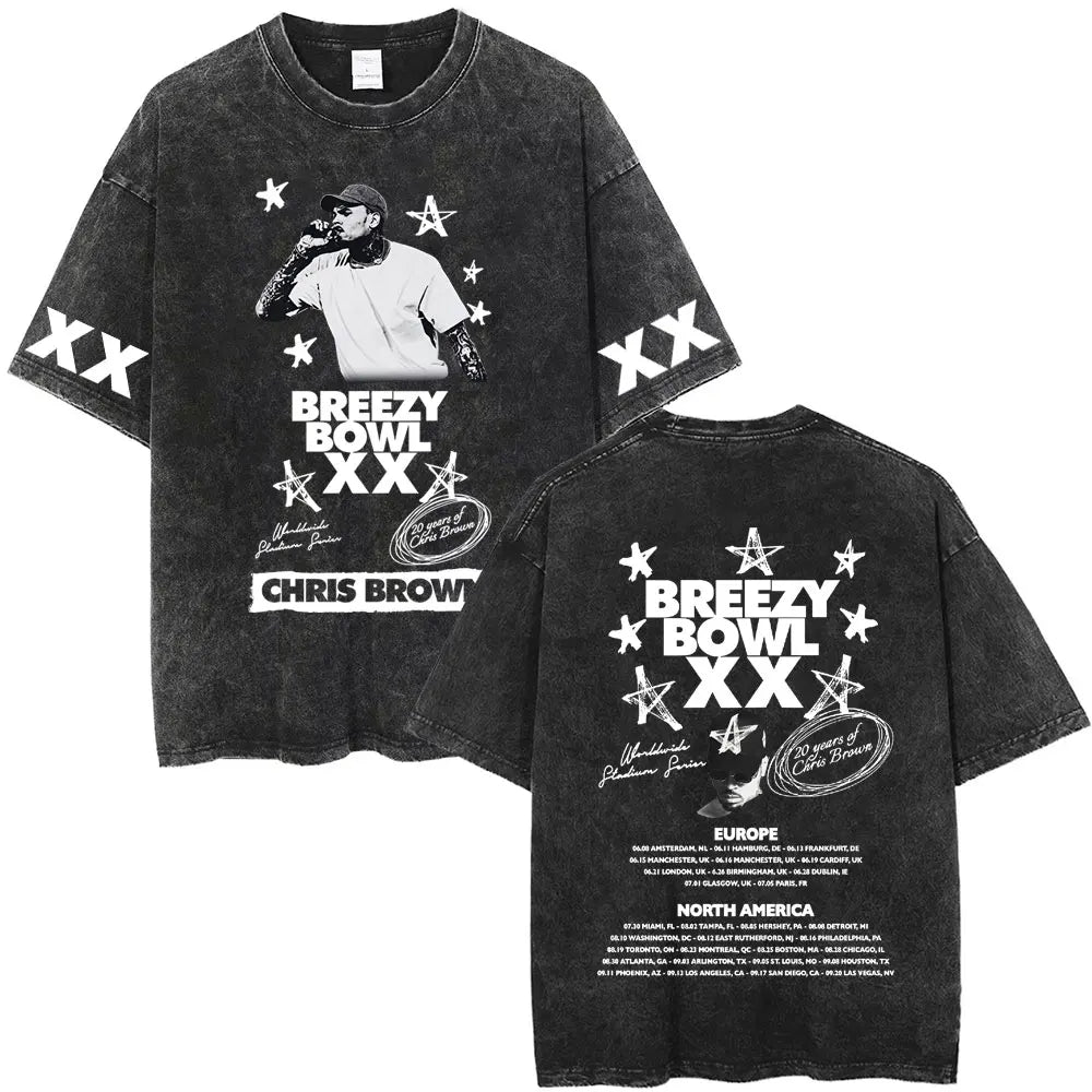 Vintage Washed Chris Brown Graphic T-shirt Breezy Bowl XX Tour 2025 Merch T Shirts Men Women Hip Hop Fashion Oversized T-shirts