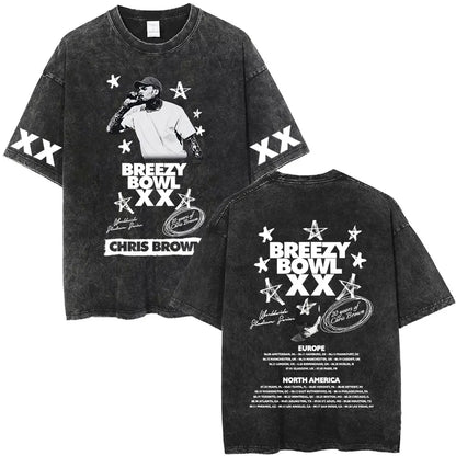 Vintage Washed Chris Brown Graphic T-shirt Breezy Bowl XX Tour 2025 Merch T Shirts Men Women Hip Hop Fashion Oversized T-shirts