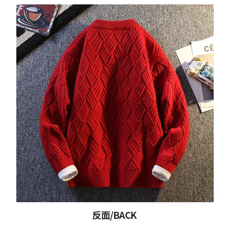Knit Sweater Men Cable Pullover New Autumn Winter Diamond Pattern Loose Fit Solid Fashion Casual Streetwear Crew Neck Sweaters