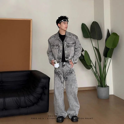 American High-end Jeans Men Women Korean Streetwear Loose 2025 New Spring Autumn Wide-leg Pants Aesthetic Preppy Chic Denim Coat